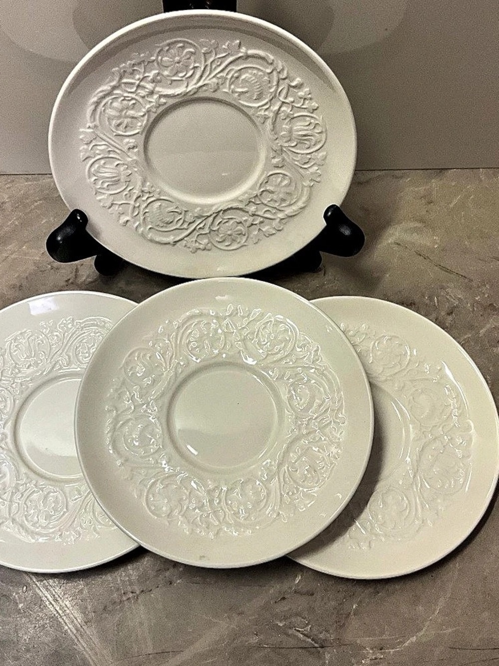 Vintage Wedgwood Patrician Ivory Saucers Embossed Floral Scroll Rim Set of 4